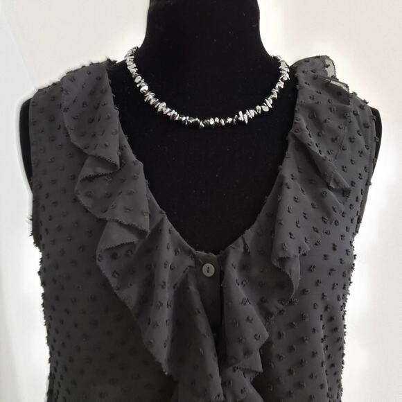 NEW Wishlist Black Sleeveless Plunging Ruffled Neckline Textured Swiss Dot Top - Picture 5 of 11